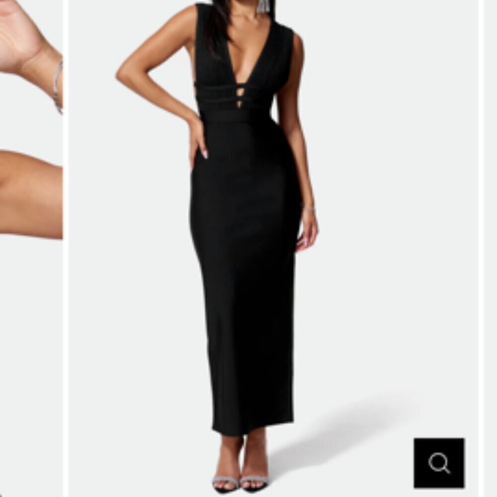 Bebe NWT Caged Cut Out Maxi Gown Plunge Neck Black Sexy Club Party Dress Small